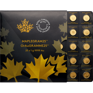 Gold Canadian MapleGram 25-gram coin in blister pack